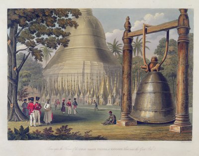 Scene upon the Terrace of the Great Dagon Pagoda at Rangoon, Taken near the Great Bell, Plate 14 from 